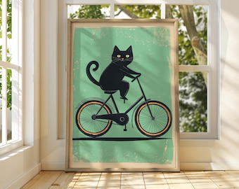 Schwarze Katze auf Fahrrad Kunstdruck