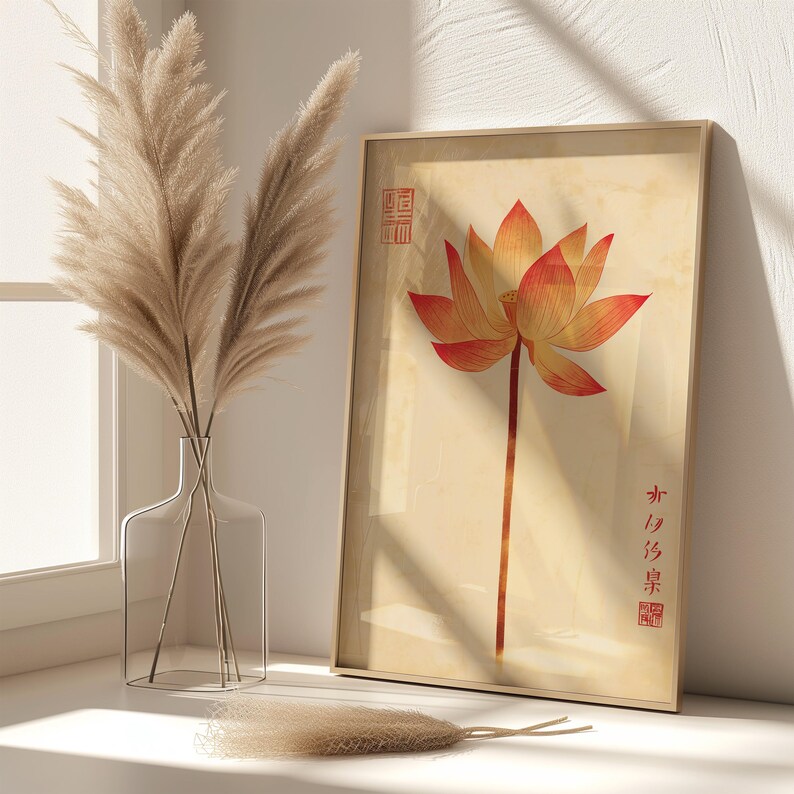 Vintage Japanese Lotus Flower Art Print: Retro Floral Wall Decor - Etsy