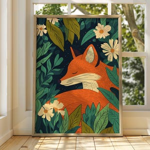 Schläfriges Fuchs Poster - Fuchs Wandkunst - Tier Illustration - Blumenkunst - Tier Poster - Helles Wohnkultur - Fuchs Druck - Herbst Kunst - Nacht