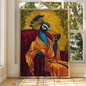 Afiche de pavo real elegante - Arte de animales que beben - Ilustración de animales - Arte de animales divertidos - Arte de animales divertidos y extravagantes - Bebidas Whisky Vino Bebida