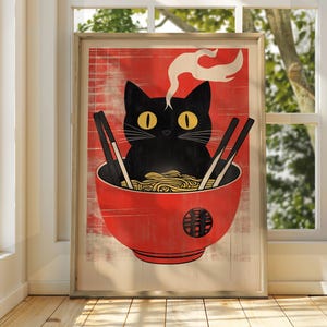 Cat Eating Ramen Art - Vintage Japanese Wall Art - Animal Poster - Funny Animal Print - Japanese Wall Art - Cat Poster - Japan Cat Wall Art