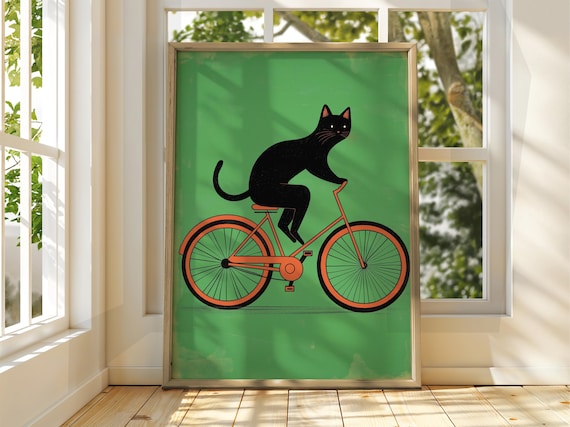 自転車に乗る黒猫のアートプリント：楽しい猫のポスター - Etsy 日本
