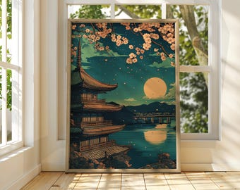 Peut inclure: Une peinture numérique représentant une pagode japonaise traditionnelle avec des cerisiers en fleurs au premier plan et une pleine lune en arrière-plan. La pagode est une structure à plusieurs étages avec un toit incurvé et des détails complexes. Les fleurs de cerisier sont roses et blanches et sont dispersées dans le ciel. La lune est jaune vif et est entourée d'une auréole de lumière. La peinture est sur fond de ciel bleu foncé avec des étoiles.
