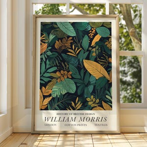 Poster di foglie verdi in stile William Morris - Poster della mostra - Stampa della galleria - Arte murale di William Morris - Foglie autunnali floreali e fiori pastello