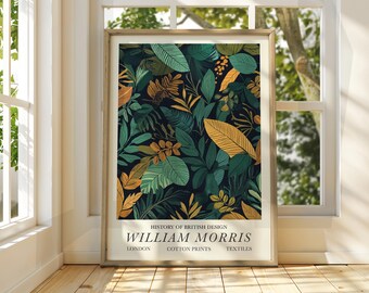 Póster de hojas verdes al estilo William Morris - Póster de exposición - Impresión de galería - Arte mural de William Morris - Hojas de otoño florales con flores pastel