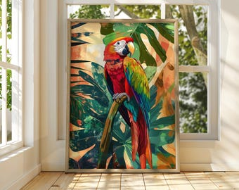 Tropischer Papagei Kunstdruck: Farbenfrohe Vogel- & Blumenillustration
