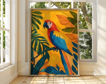Tropischer Papagei Kunstdruck: Farbenfrohe Vogel- & Blumenillustration