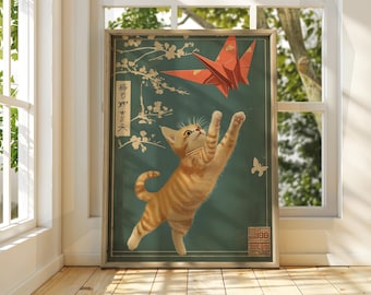 Vintage Japanese Cat Print – Catching Origami Crane Poster