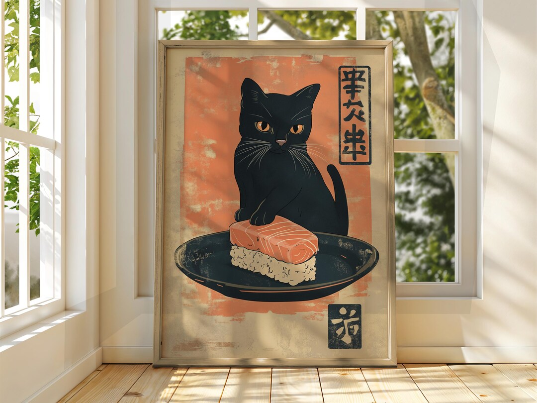 Vintage Japanese Cat Sushi Art Print: Funny Animal Poster - Etsy