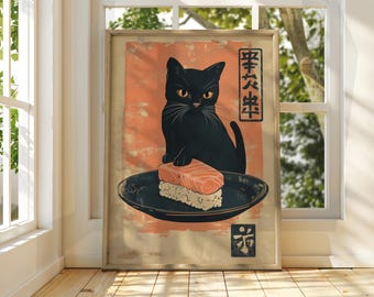 Vintage Japanse kattensushi-kunstdruk: poster met grappige dieren