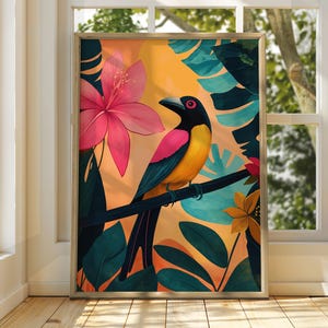 Póster de aves tropicales - Arte mural de aves - Ilustración de animales - Arte floral - Póster de animales - Decoración luminosa para el hogar - Impresión de aves - Arte tropical