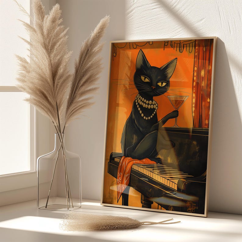 Black Cat With Wine Art Print: Funny Piano Poster - Etsy