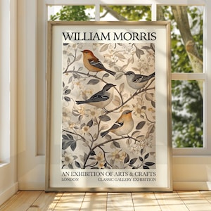 Póster de aves al estilo William Morris - Póster de exposición - Impresión de galería - Arte mural de William Morris - Póster de aves - Arte floral - Impresión de flores