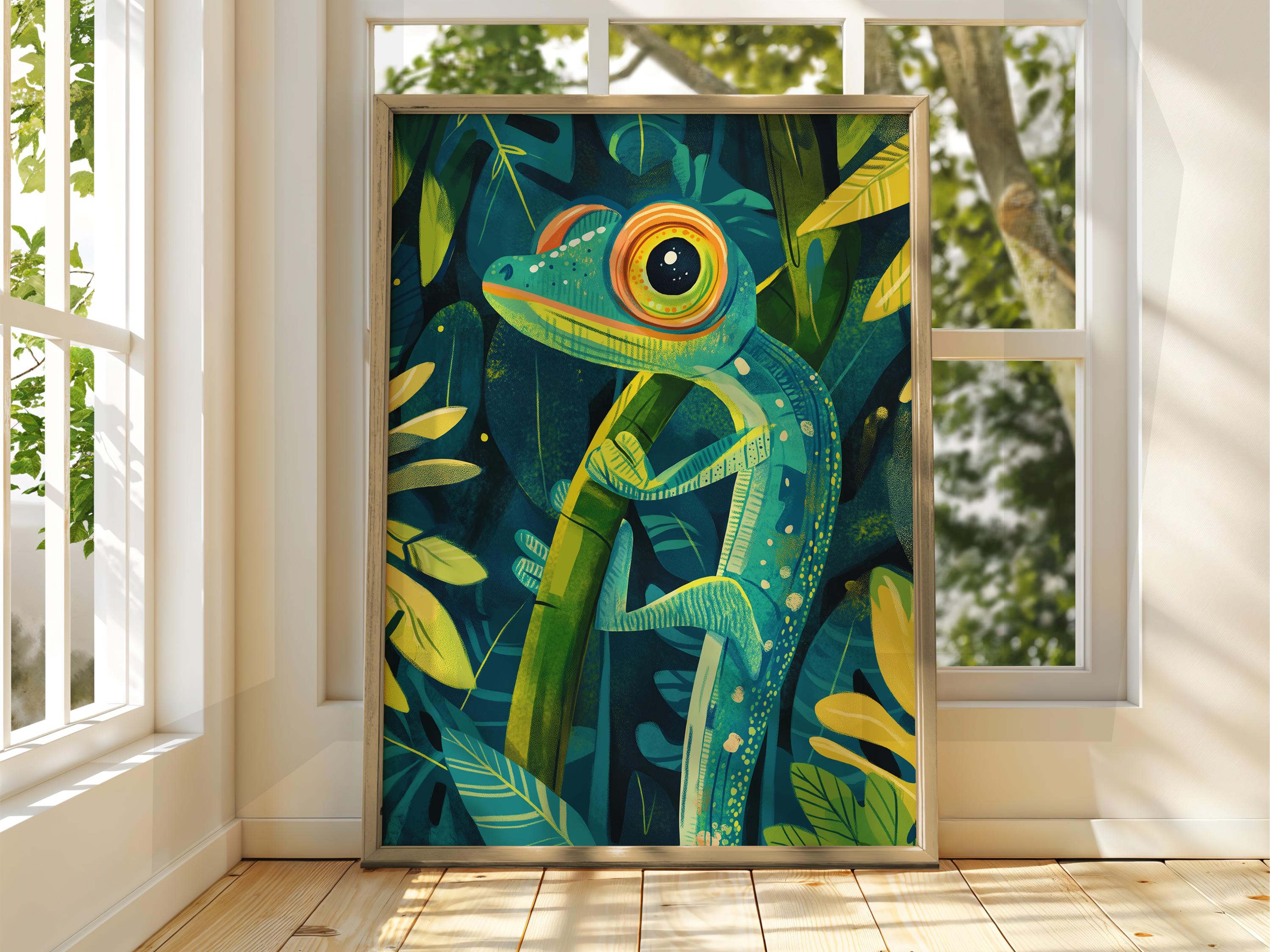 Tropical Chameleon Art Print: Reptile Illustration, Bright Home