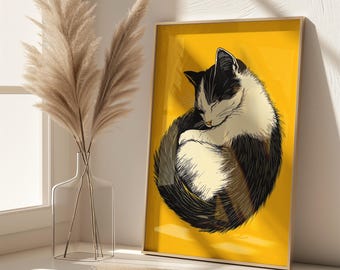 丸まった猫のアートプリント：モダンな猫のイラスト - Etsy 日本
