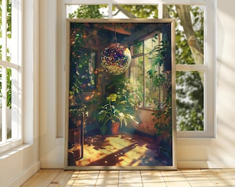 Rainbow Disco Ball Conservatory Print: Retro Houseplant Art