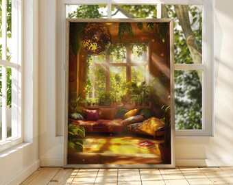 May include: A framed art print depicts a cozy interior scene. Sunlight streams through a window, illuminating lush greenery and a seating area with colorful pillows. A disco ball hangs from the ceiling, adding a touch of whimsy.