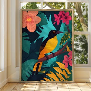 Poster di uccelli tropicali - Arte murale di uccelli - Illustrazione di animali - Arte floreale - Poster di animali - Decorazione luminosa per la casa - Stampa di uccelli - Arte tropicale