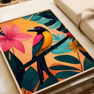 Poster di uccelli tropicali - Arte murale di uccelli - Illustrazione di animali - Arte floreale - Poster di animali - Decorazione luminosa per la casa - Stampa di uccelli - Arte tropicale