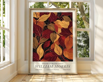 Póster de hojas de otoño al estilo William Morris - Póster de exposición - Impresión de galería - Arte mural de William Morris - Hojas de otoño florales con flores marrones
