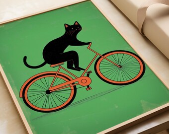 自転車に乗る黒猫のアートプリント：楽しい猫のポスター - Etsy 日本