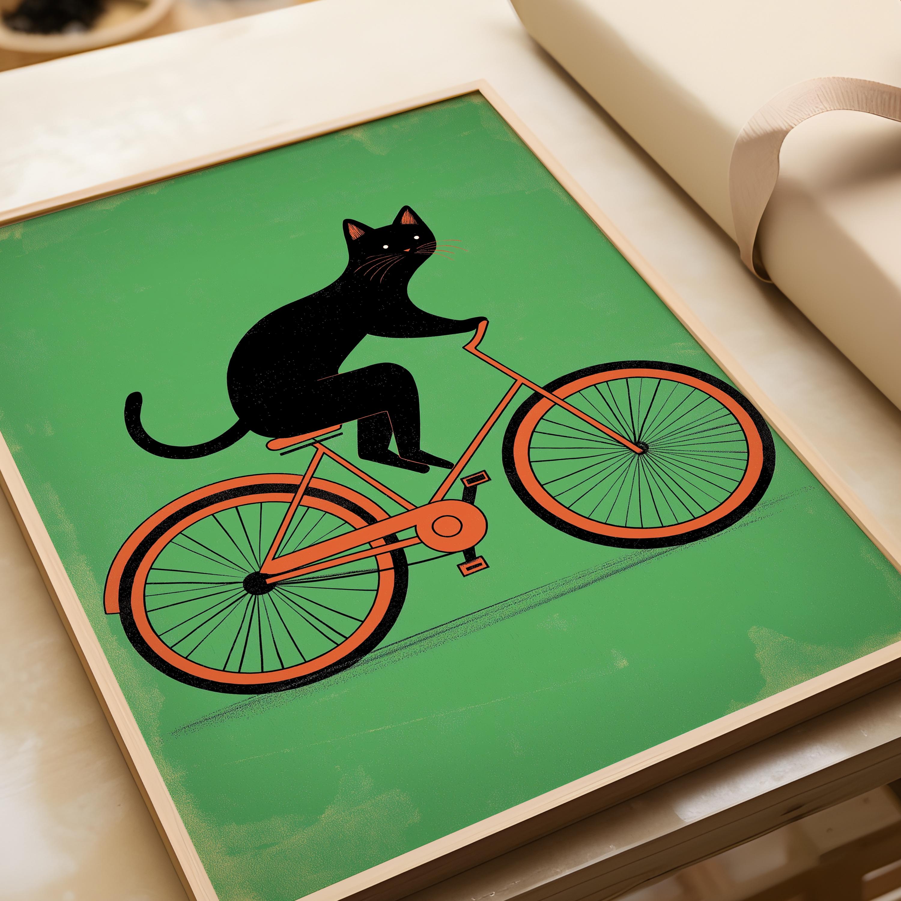 自転車に乗る黒猫のアートプリント：楽しい猫のポスター - Etsy 日本