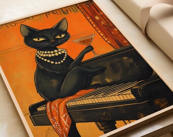 ワインを持った黒猫のアートプリント：面白いピアノポスター - Etsy 日本