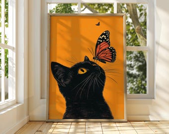 Black Cat with Butterfly Art Print: Feline Wall Decor