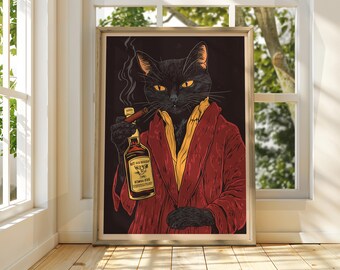 Pode incluir: Um gato preto vestindo uma bata vermelha e segurando uma garrafa de uísque e um charuto. O gato tem uma expressão séria no rosto.