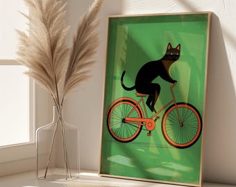 自転車に乗る黒猫のアートプリント：楽しい猫のポスター - Etsy 日本