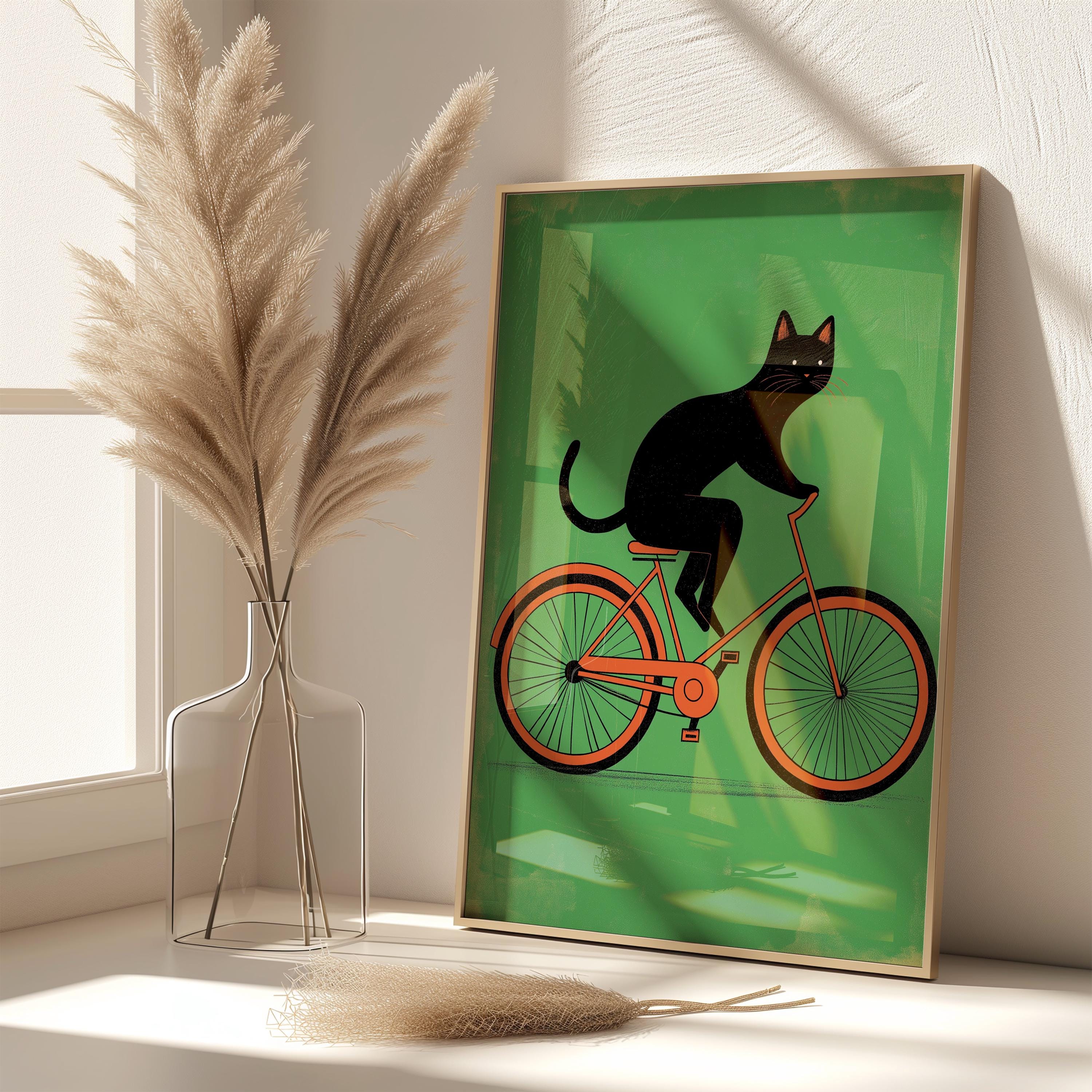 自転車に乗る黒猫のアートプリント：楽しい猫のポスター - Etsy 日本