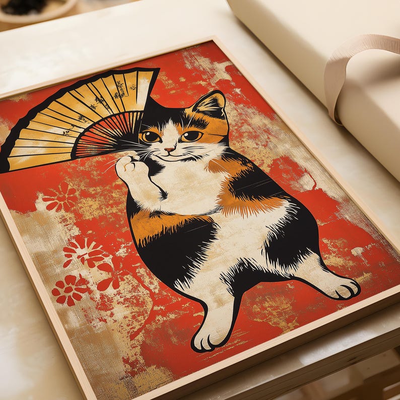 Vintage Japanese Cat Art Print - Funny Calico Kitten With Fan - Etsy