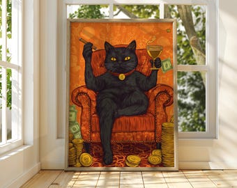 Katze mit Zigarre Poster - Katzen Wandkunst - Katzen Illustration - Lustige Wandkunst - Tier Poster - Lustige Kunst - Feline trinkt Wein Drucke Schwarze Katze