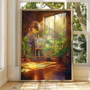 Póster de bola de discoteca en estudio de arte - Impresión de bola de discoteca - Impresión floral - Arte retro funky con plantas de interior - Interior de los años 70 - Decoración del hogar con estética cálida