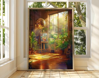 May include: A painting on an easel in a sunlit room with a disco ball hanging from the ceiling. Plants are in pots on the floor and there is a window with a view of a garden.