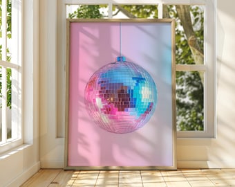 Plakat z grafiką Rainbow Disco Ball - wydruk Disco Ball - wydruk Good Vibes - sztuka retro funky disco - wnętrze z lat 70. - ciepły estetyczny retro różowy