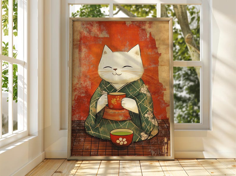 Vintage Japanese Cat Tea Poster: Funny Animal Wall Art - Etsy