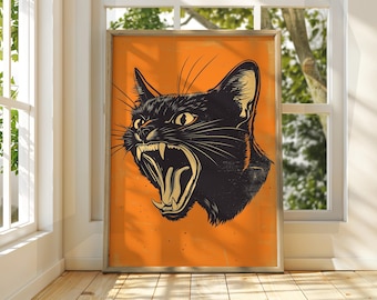 Angry Black Cat Art Poster: Feline Illustration, Fun Wall Decor