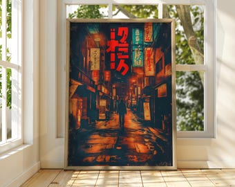 Cyberpunk Japanese Street Art Poster: Retro Future Nightscape
