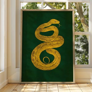 May include: An illustration of a gold snake on a dark green background. The snake is coiled and its head is facing the right side of the image.