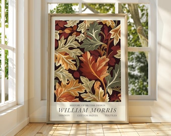Póster de hojas de otoño al estilo William Morris - Póster de exposición - Impresión de galería - Arte mural de William Morris - Hojas de otoño florales con flores marrones