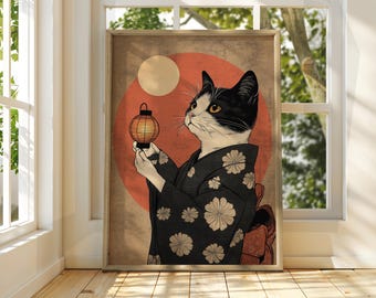 Japanese Cat Art Print - Kimono Cat with Lantern Poster