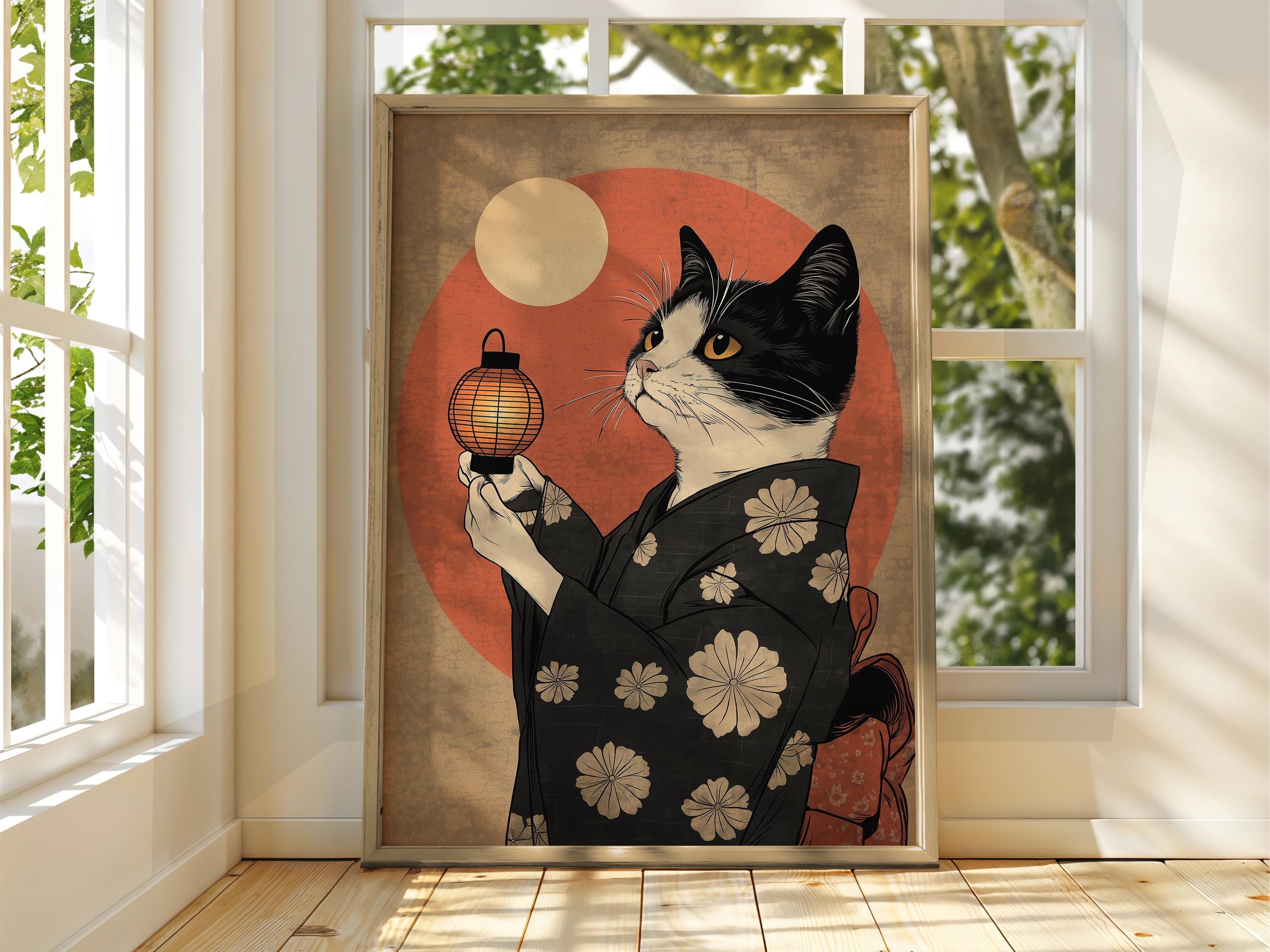 日本の猫のアートプリント - 着物猫と提灯のポスター - Etsy 日本
