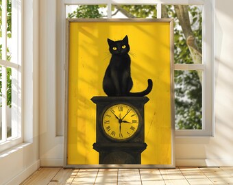 Black Cat on Clock Art Poster: Whimsical Feline Print