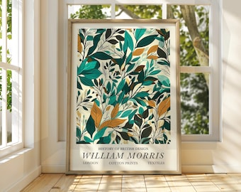 Póster de hojas verdes al estilo William Morris - Póster de exposición - Impresión de galería - Arte mural de William Morris - Hojas de otoño florales con flores pastel