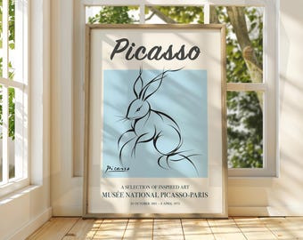 ピカソのウサギの線画プリント：ミニマリストの保育園アート（デジタル