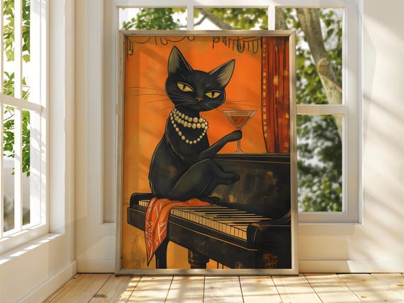 フランス製 トレー cat lady smoking playing piano Black Cat With Wine Art Print: Funny Piano Poster - Etsy