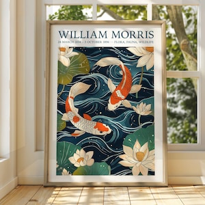 Póster de mar al estilo de William Morris - Póster de exposición - Impresión de galería - Arte mural de William Morris - Arte de póster oceánico - Arte floral - Impresión de koi