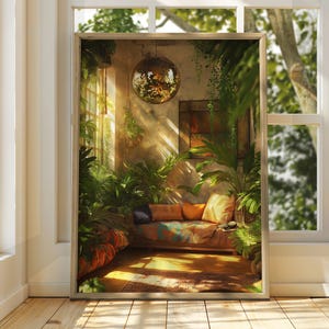 Póster de bola de discoteca en una habitación acogedora - Impresión de bola de discoteca - Impresión floral - Arte retro funky con plantas de interior - Interior de los años 70 - Decoración del hogar con estética cálida
