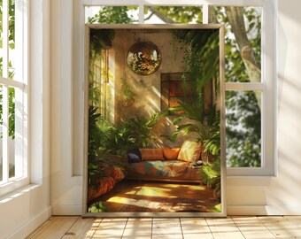 May include: A framed print of a living room with a couch, plants, and a disco ball hanging from the ceiling. The room is filled with natural light and has a relaxed, bohemian vibe.
